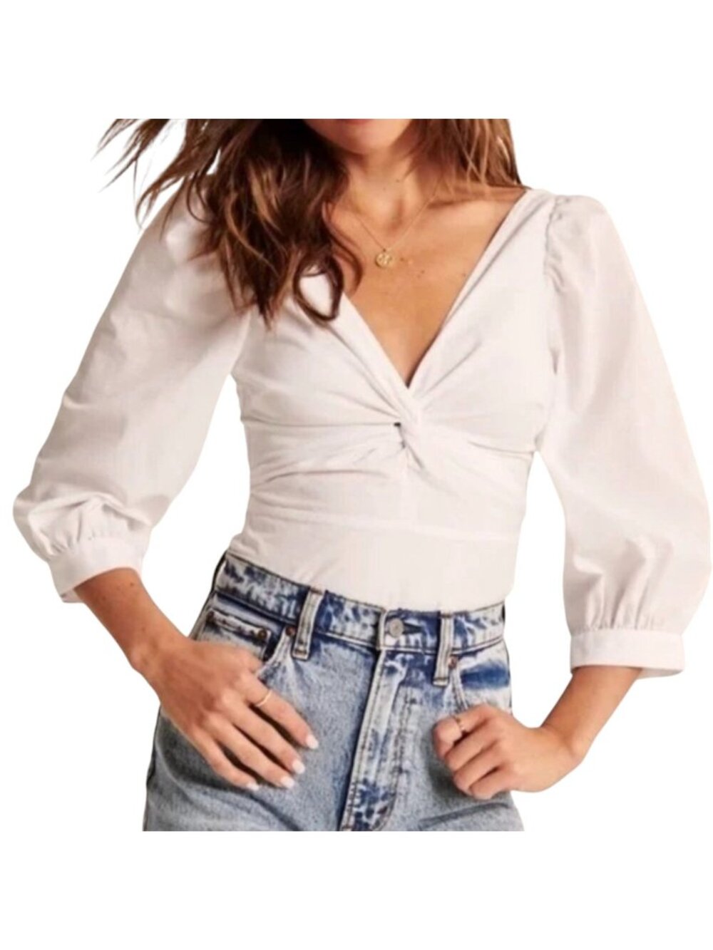Abercrombie & Fitch Twist Front V-Neck Poplin Top Size M White Long Sleeve NWT